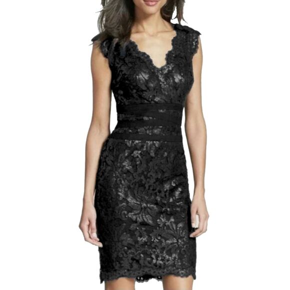 ~ Tadashi Shoji 8 Black Dress Lace Sequin Sleeveless V-neck Cocktail Formal Knee - Picture 1 of 16